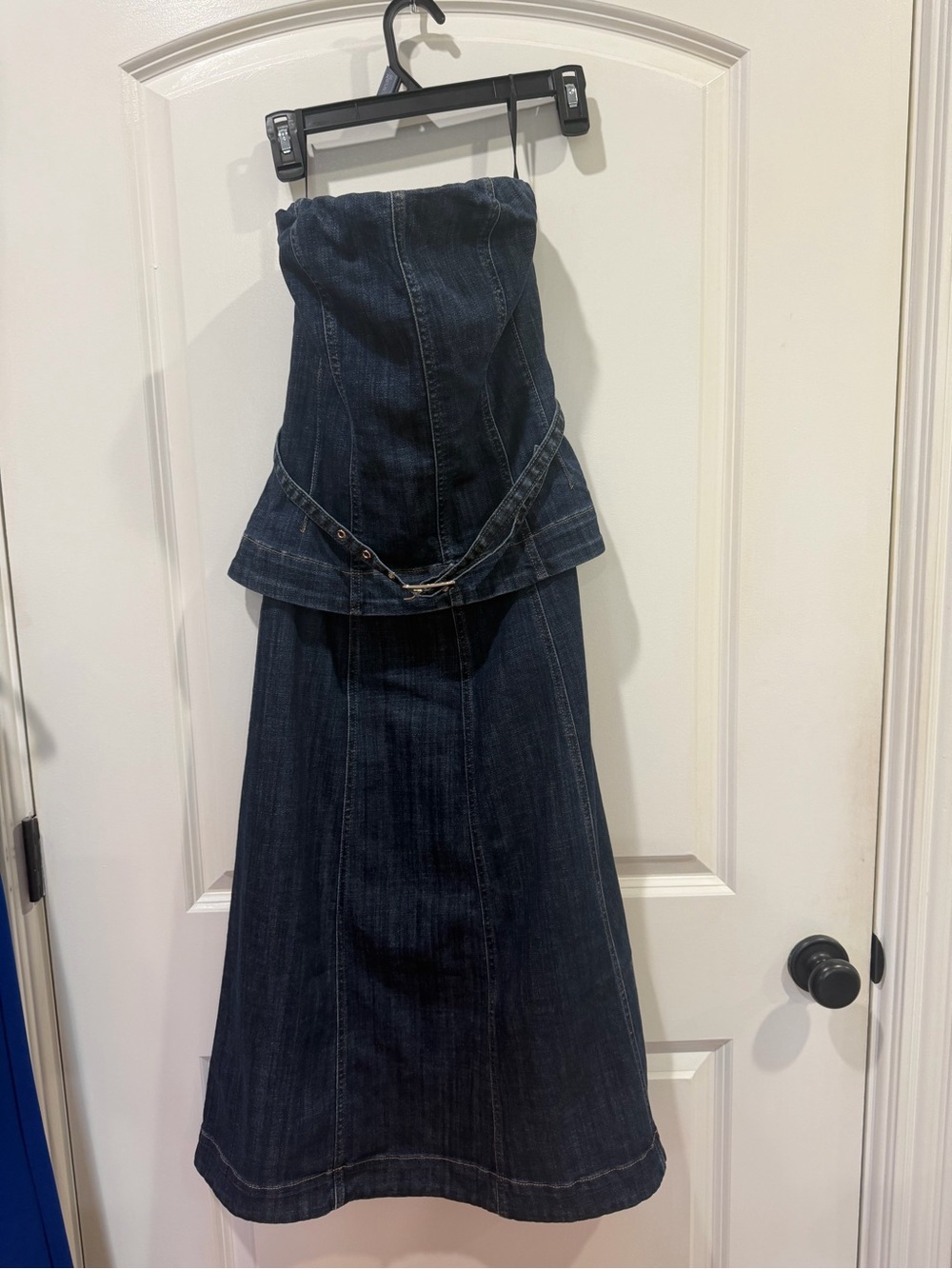White House Black Market Strapless Dark Indigo Denim Maxi Dress